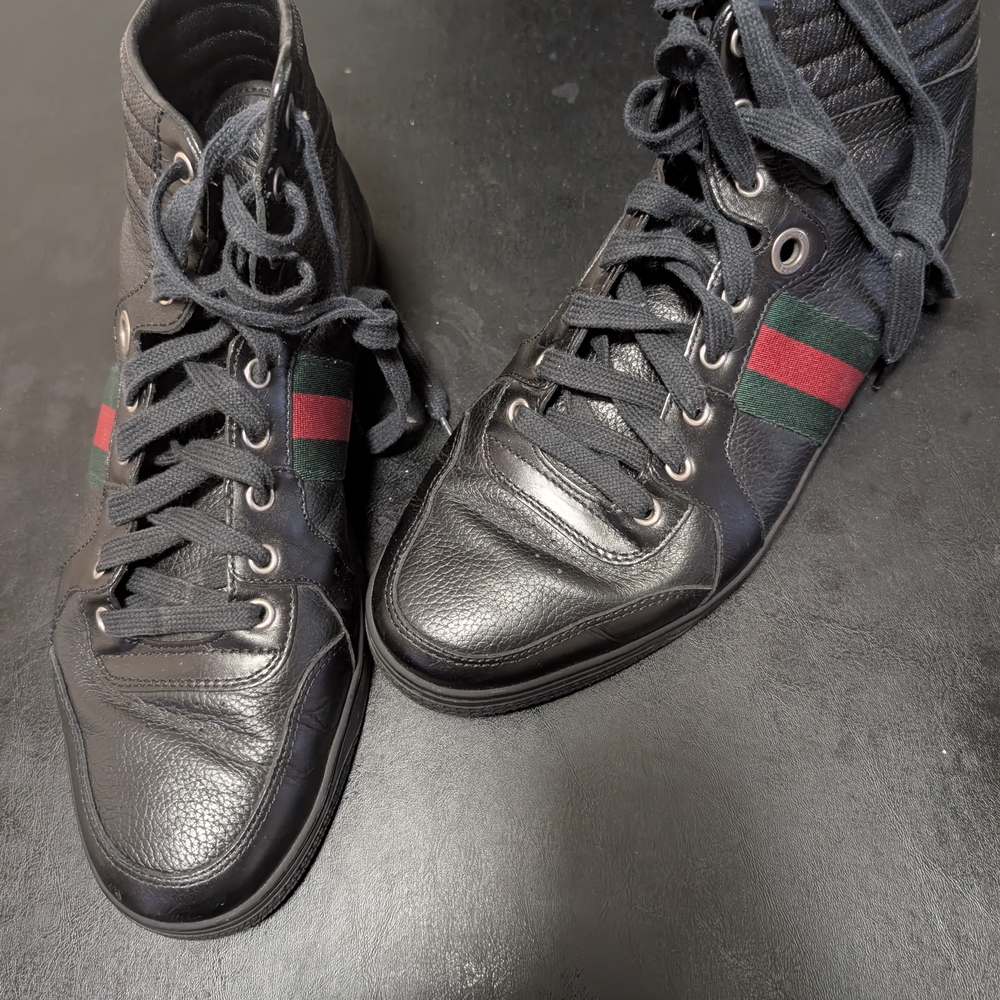 Gucci Black Leather High-Top Sneakers with Red and Green Stripes